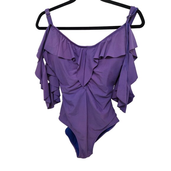 Nicole Miller Womens Purple Off-The-Shoulder Ruffle Swimsuit With Adjustable Str - Picture 1 of 10